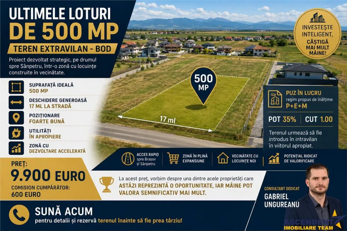 Loturi de teren 500 mp extravilan, Bod Sanpetru, Puz si utilitati in lucru - foto 1